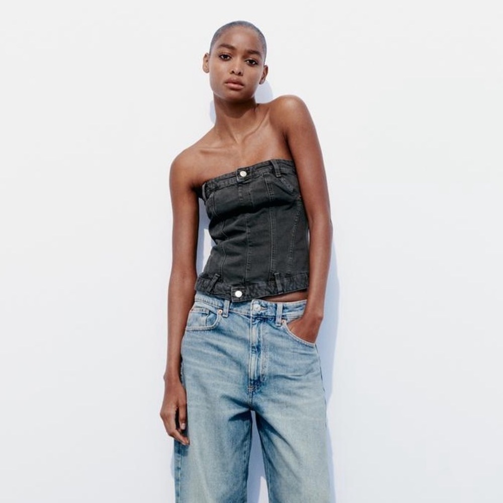 Zara Black Denim Strapless Corset Top with Silver Buttons Size Medium NWT - Picture 3 of 9